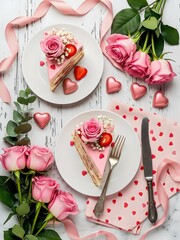 Romantic Valentine Dessert Setup With Pink Roses, Heart Candies and Cake Slices on White Wooden Table