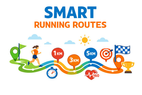 Female runner on smart running route with distance markers and trophy