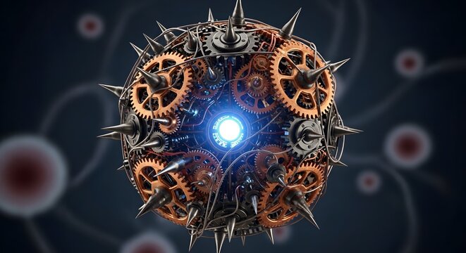 Intricate 3D illustration of a mechanical virus cell with brass gears and sharp metallic spikes representing industrial cybersecurity threats malicious software and complex technological infections - Powered by Adobe