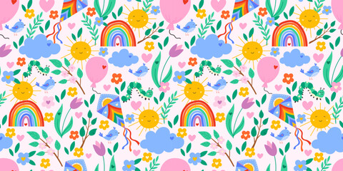 Fototapeta premium Seamless kawaii spring pattern with rainbows, suns, and clouds in a colorful pastel vector design. Perfect for kids textiles, wallpaper, and wrapping paper