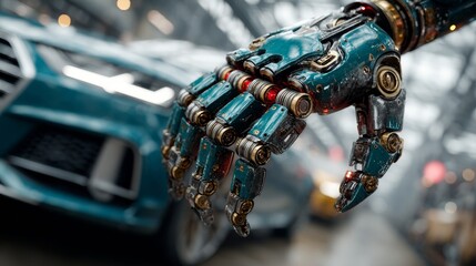 Advanced robotic arm meticulously assembling futuristic vehicle in high-tech automotive factory setting with precision and innovation