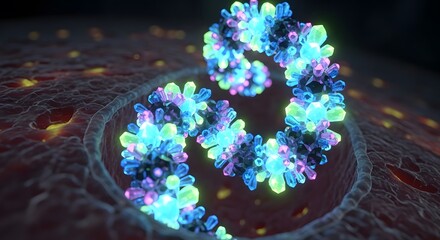 Microscopic 3D illustration of a glowing blue and neon crystal DNA helix structure floating over a biological surface representing genetic engineering biotechnology and medical research