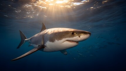 A great white shark gracefully swims through the blue ocean under dramatic sunbeams filtering from the surface