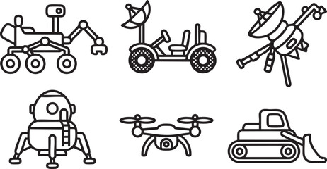 Six black line of space exploration and construction vehicles rover satellite drone lander bulldozer © MOHAMMAD