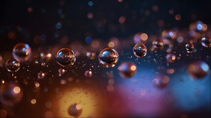 ro photography of iridescent water droplets shimmering with colorful bokeh lights on a dark reflective surface