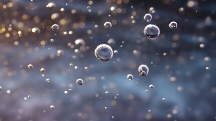 Abstract close up of numerous transparent bubbles gently ascending in a luminous dark fluid environment with bokeh highlights