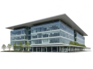 A modern commercial building with extensive glass windows and surrounding greenery isolated on transparent background