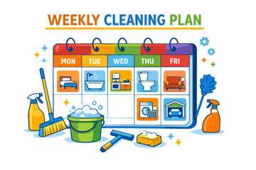 Weekly cleaning schedule with colorful planner and cleaning tools