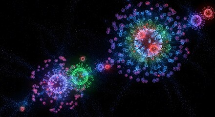 3D abstract medical illustration of colorful glowing viral particles and microscopic pathogens floating in dark space representing global pandemic transmission and infectious disease cell research