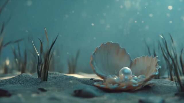 Pearl inside an open shell under the sea with sunlight and sand