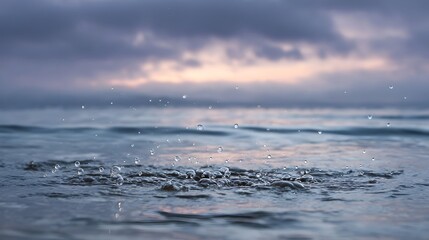 A serene ocean surface with dynamic splashes and droplets against a dramatic cloudy sky at dawn