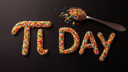 Pi Day celebration written in colorful sprinkles on black surface  
