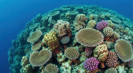 Obraz premium High Angle View of Dense Hard Coral Formations and Table Corals in Deep Blue Water