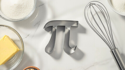 Stainless steel pi cookie cutter with baking ingredients on marble surface  