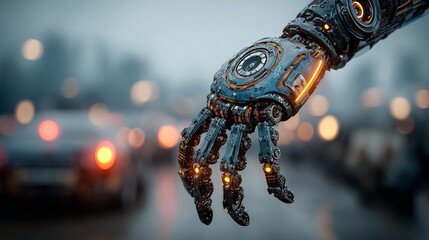 Futuristic robotic hand with glowing orange accents hovers over a bokeh city street at dusk, representing advanced technology and innovation.