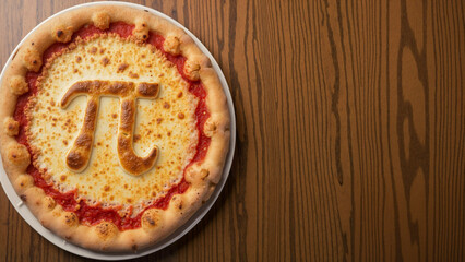 Pizza with pi symbol design on wooden table background  