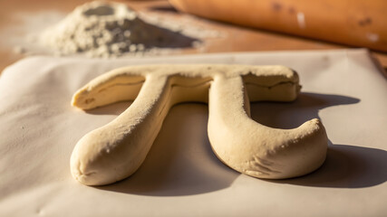 Dough shaped as Pi symbol on countertop with flour background  