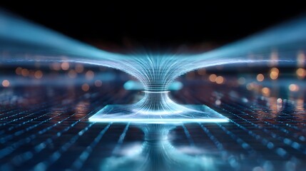 Futuristic wormhole illustration with glowing blue lines and grid pattern on digital surface