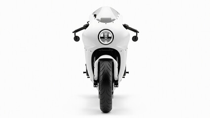 White futuristic motorcycle with round headlight and sleek transparent background
