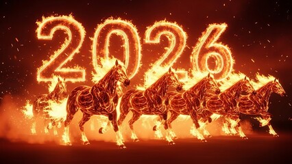Fire Horses Galloping in Front of Large Glowing 2026 Numbers