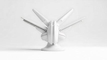 White futuristic aircraft model with four wings on a stand transparent background