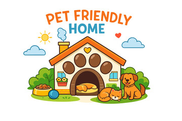 Fototapeta na wymiar Pet-friendly home with cozy doghouse featuring happy pets and bright outdoors