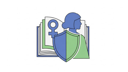 A blue and green vector graphic of a woman's head and shoulders in profile with a shield and a female