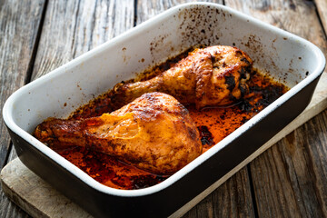 Baked chicken drumsticks in baking dish on wooden table