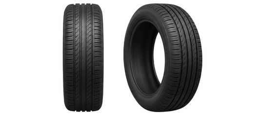 Two black car tires isolated on a transparent background, one in profile and one angled, showing detailed tread pattern © Vitalo4ok