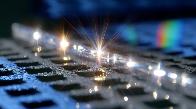 Laser Cutting Metal Mesh with Sparks and Reflections in Industrial Setting - Powered by Adobe