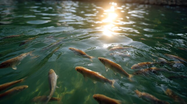 A school of fish swims in clear green water under bright sunlight with shimmering reflections
