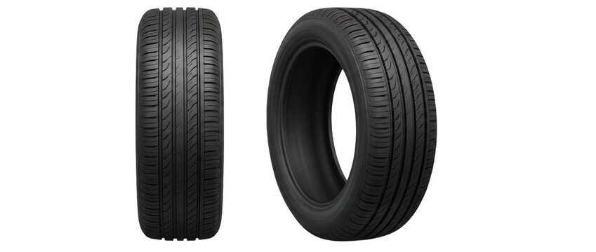 Two black car tires isolated on a transparent background, one in profile and one angled, showing detailed tread pattern