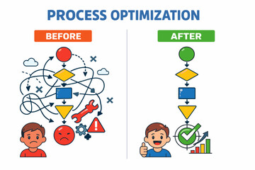 Process optimization: before and after illustrations with young caucasian male