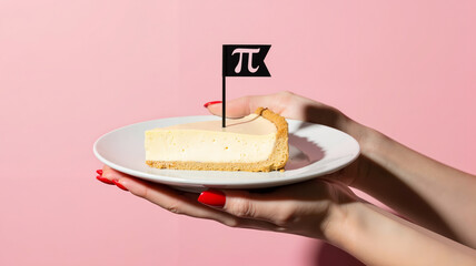Slice of cheesecake with pi flag held on white plate against pink background  