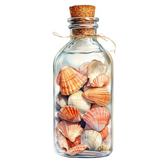 Seashells in bottle illustration on transparent background