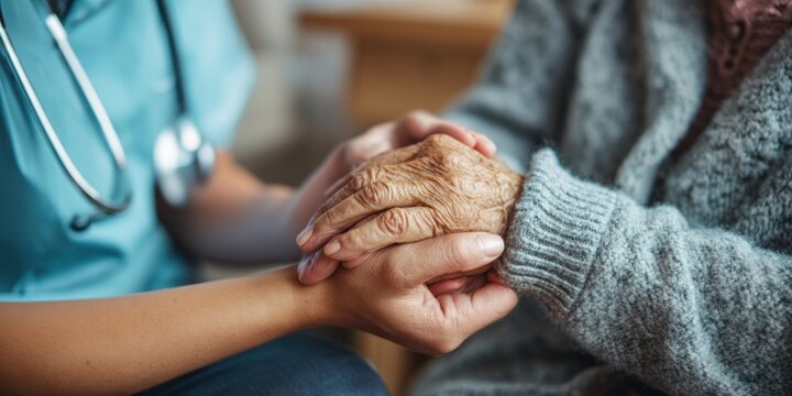 A close-up shot captures a tender moment between a young nurse and an elderly woman. The nurse gently holds the woman?s hand, offering comfort and support. 