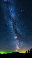 Majestic starry night over a wilderness landscape showing the Milky Way, crescent moon, and distant green atmospheric glow.