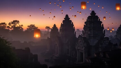 Floating Lanterns Illuminate the Sacred Temples at Twilight