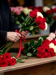 A person gathers a vivid bouquet of red and white roses, tied with a red ribbon, against a backdrop of more blooms. Warm, romantic, and gift-ready for special occasions.