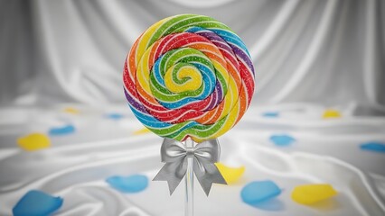 Festive circular rainbow candy on a transparent stem with a silver bow resting on luxurious white satin material.