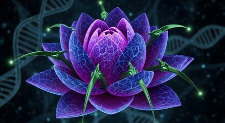 Glowing purple lotus flower with bioluminescent veins and green thorns representing biotechnology genetic engineering concepts against a dark background featuring subtle double helix dna strands
