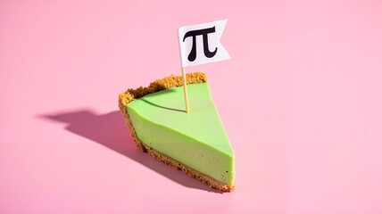 Green pie slice with Pi symbol on flag against pink background  
