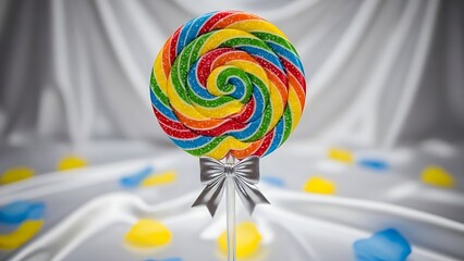 Elegant confectionery display featuring a bright rainbow lollipop, metallic silver ribbon, and soft colorful flower petal accents.