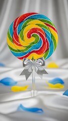 Whimsical multi-colored lollipop with sugar crystals and a silver bow surrounded by yellow and blue scattered petals.