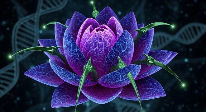 Glowing purple lotus flower with bioluminescent veins and green thorns representing biotechnology genetic engineering concepts against a dark background featuring subtle double helix dna strands - Powered by Adobe