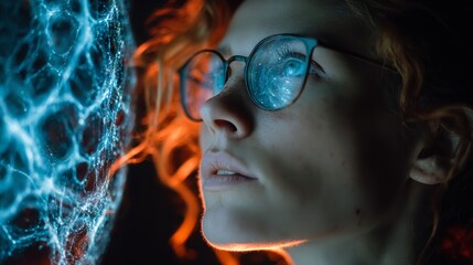 Intrigued scientist gazes into glowing digital network, reflecting complex data and futuristic innovation in her glasses