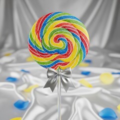 A vibrant rainbow swirl lollipop featuring a silver bow set against a white satin background with colorful petals.