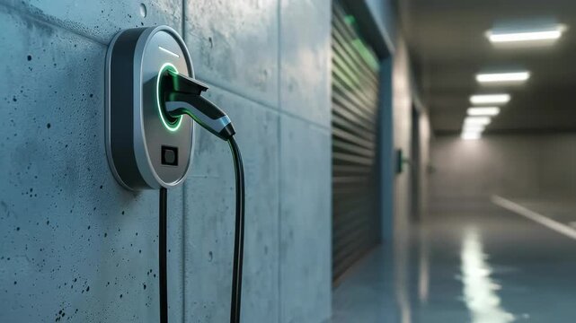 Electric car charging station in underground parking garage