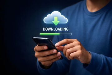Download processing data concept. Downloading data from cloud storage. Person using smartphone with downloading bar on virtual screen for download files.