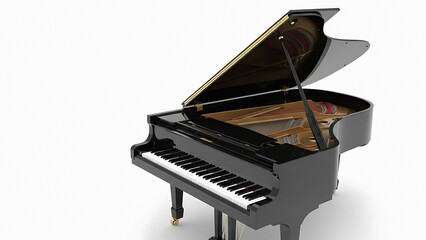Black grand piano with open lid and visible inner soundboard transparent background
